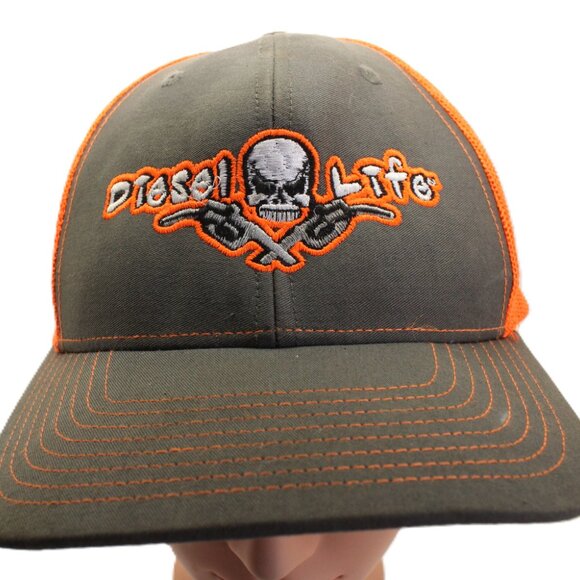 Richardson Style 112- Diesel Life Gray Neon Orange Trucker Snapback Hat - Picture 2 of 10